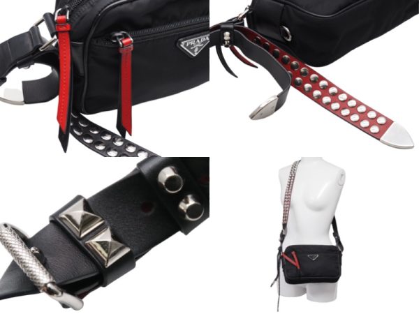 7 Prada Shoulder Belt Bag Studs Nylon Leather Black Red