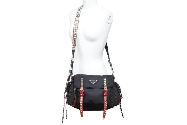 8 Prada Shoulder Bag Studded Messenger Nylon Black Red