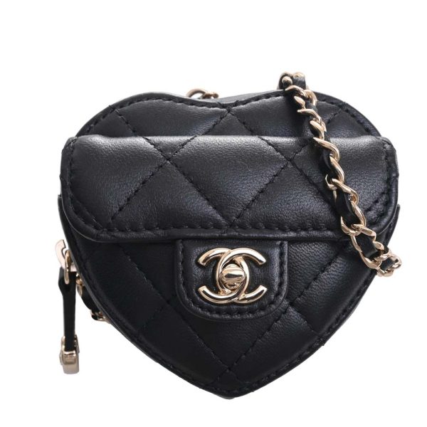 b5000590200003244 1 Chanel Lambskin Matelasse Heart Coco Mark Coin Case Chain Black