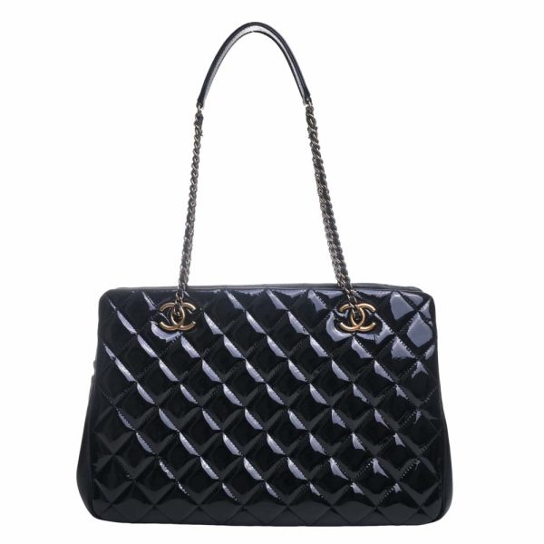 b5000599200000196 2 Chanel Patent Matelasse Coco Mark Chain Tote Bag Black