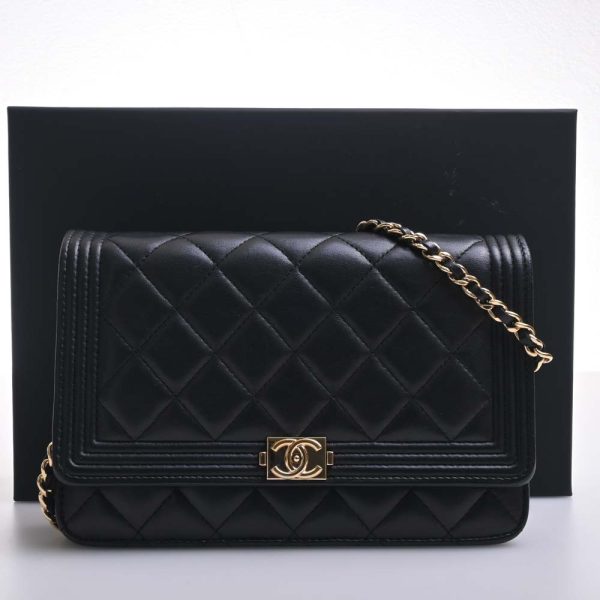 b5023911200001856 3 Chanel Leather Boy Coco Mark Chain Shoulder Wallet Long Black