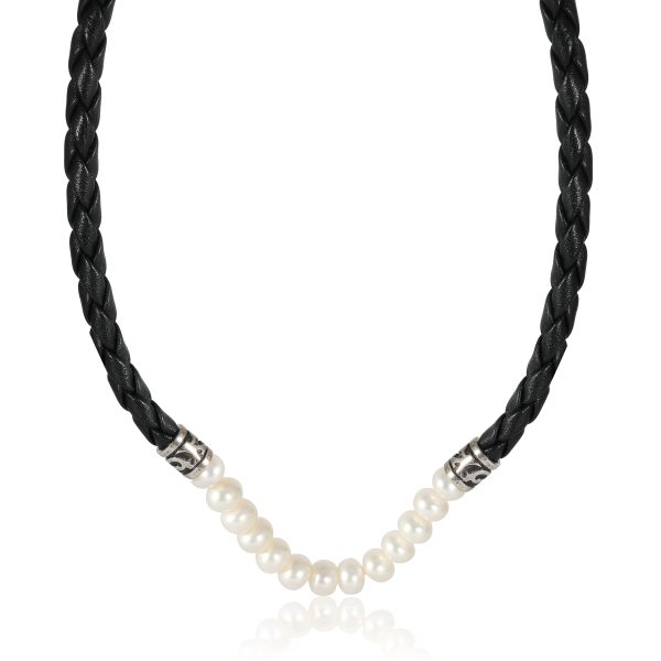 z134041 fv Sterling Silver Cultured Pearl Leather Choker Necklace