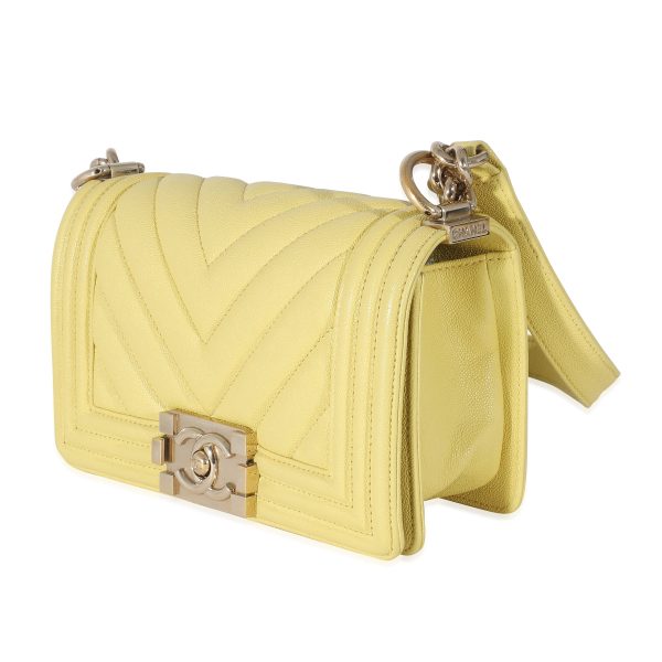 z134329 sv Chanel Yellow Caviar Chevron Small Boy Bag