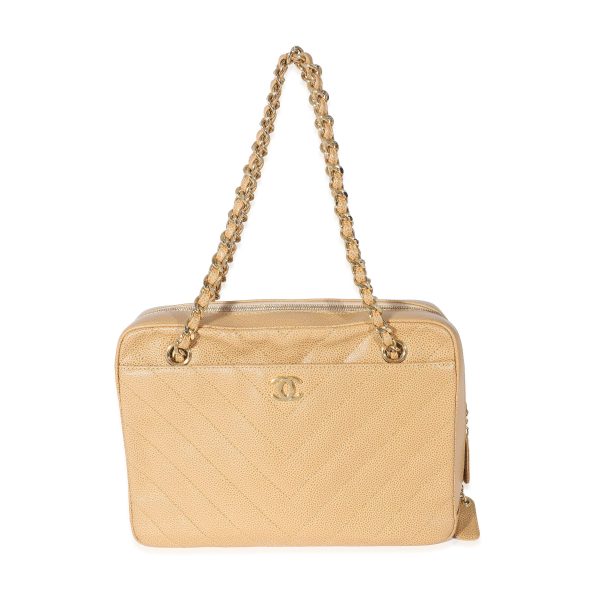 z134348 fv Chanel Vintage Beige Caviar Chevron CC Shoulder Bag