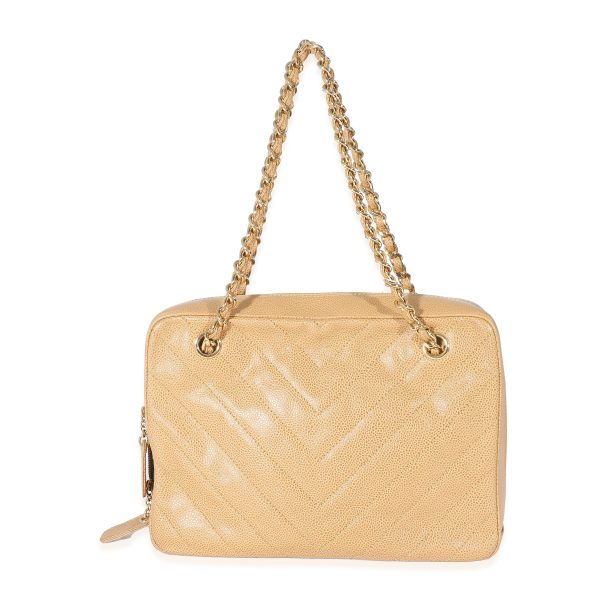 z134348 pv Chanel Vintage Beige Caviar Chevron CC Shoulder Bag