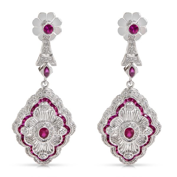 Art Deco Diamond Ruby Fashion Earrings in 18k White Gold 080 CTW Art Deco Diamond Ruby Fashion Earrings in 18k White Gold 080 CTW