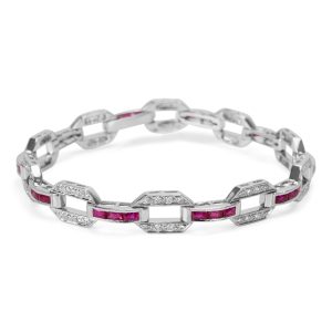 Vintage Style Channel Set Diamond & Ruby Bracelet in 18k White Gold (4.40 CTW)