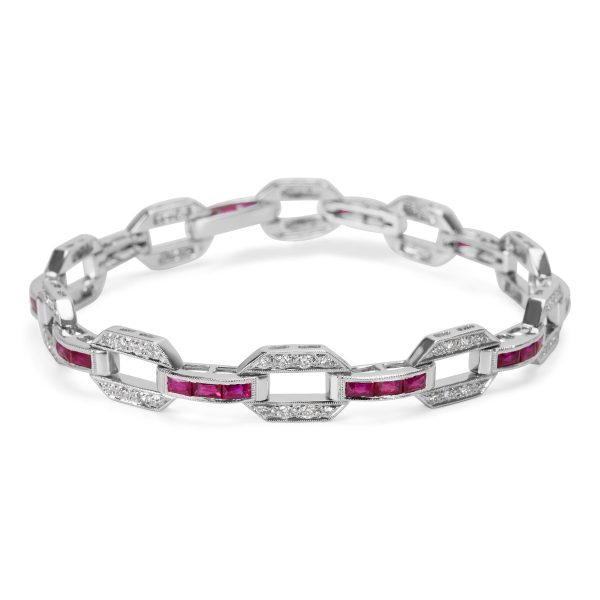 Vintage Style Channel Set Diamond Ruby Bracelet in 18k White Gold 440 CTW Vintage Style Channel Set Diamond Ruby Bracelet in 18k White Gold 440 CTW