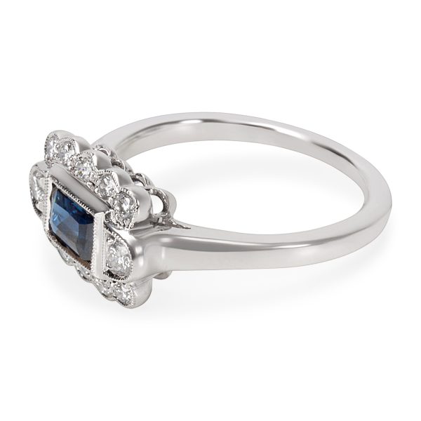 Ring White Gold Sapphire Diamond Vintage Style Ring in 18KT White Gold 092ctw