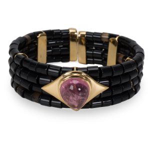 Black Onyx Cuff With Pink Tourmaline Center Stone in 18k Yellow Gold Gucci Diamante PVC Leather Crossbody Shoulder Bag Beige