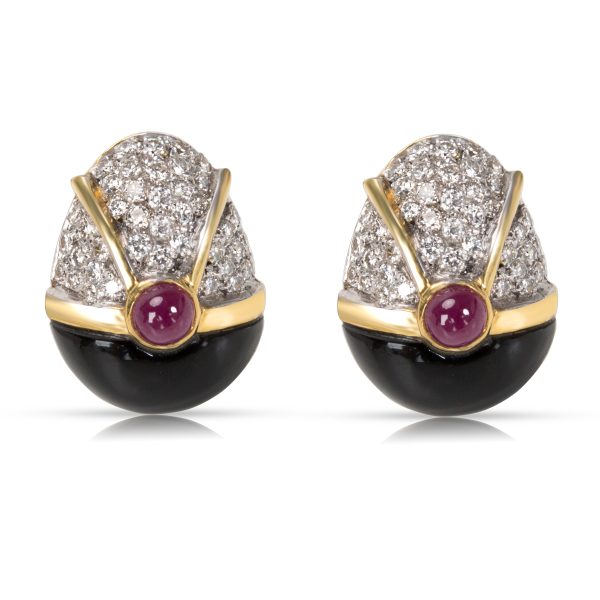 Diamond Diamond Ruby Cabochon Black Onyx Earrings in 18k Yellow Gold 210 ctw