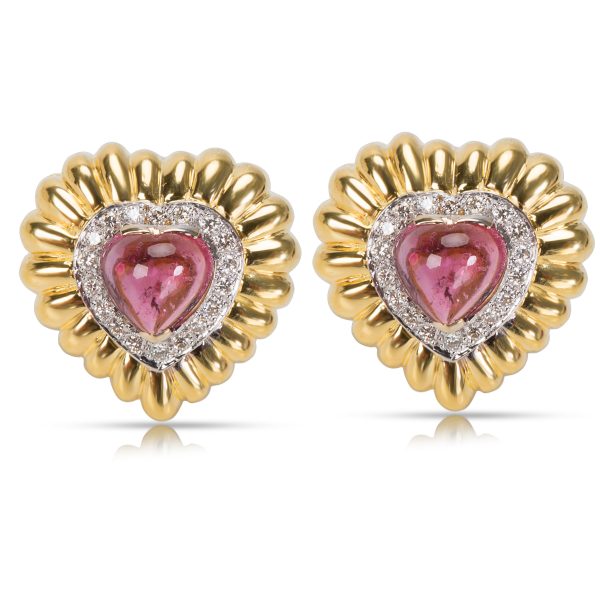 Diamond Pink Tourmaline Heart Center Clip On Earrings in 18Kt Yellow Gold 085 Diamond Pink Tourmaline Heart Center Clip On Earrings in 18Kt Yellow Gold 085