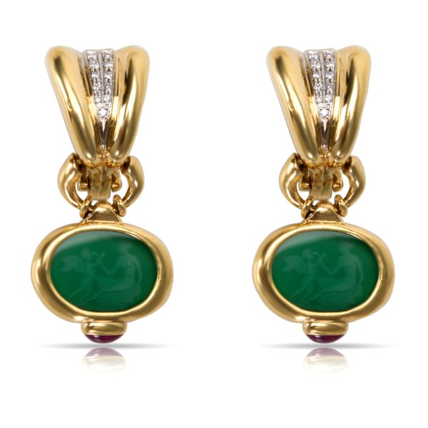 18KT Yellow Gold Ruby and Carved Green Stone Earrings with Diamond Accents 18KT Yellow Gold Ruby and Carved Green Stone Earrings with Diamond Accents