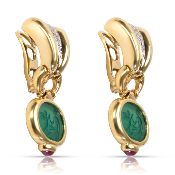 091562 sv 18KT Yellow Gold Ruby and Carved Green Stone Earrings with Diamond Accents