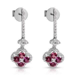 Diamond Ruby Flower Drop Earrings in 18KT White Gold 150ctw Cart