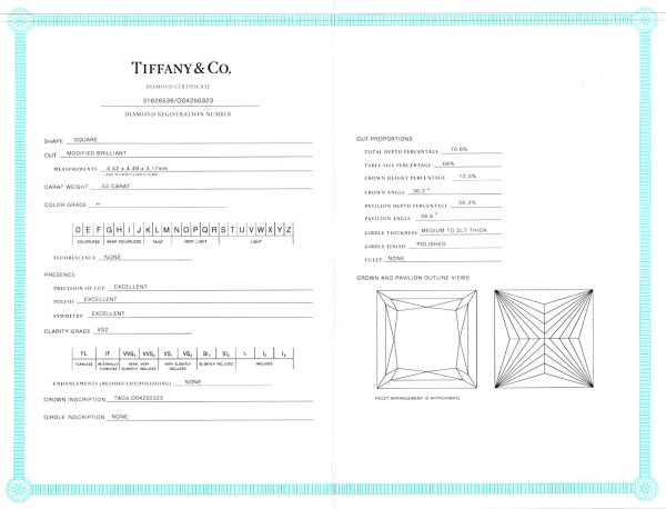 095376 stamp Tiffany Co Princess Solitaire Platinum Diamond Engagement Ring 053 ct HVS2