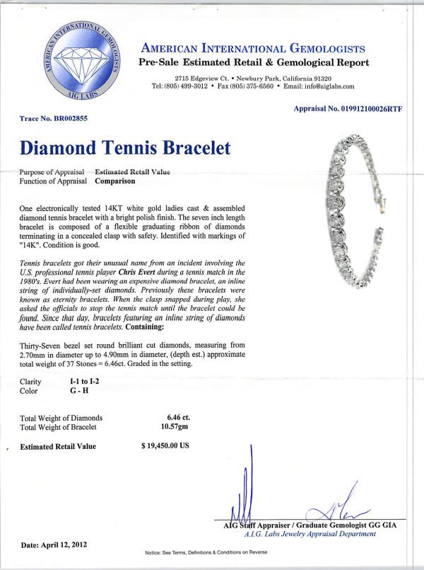 095463 stamp Diamond Graduated Tennis Bracelet in 14K White Gold 646 CTW