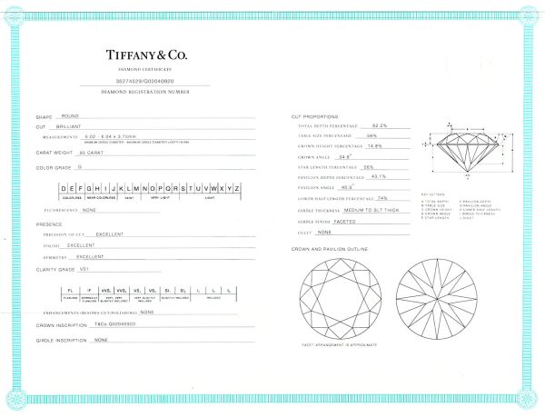 095916 stamp Tiffany Co Diamond Solitaire Engagement Ring in Platinum 085 ct GVS1