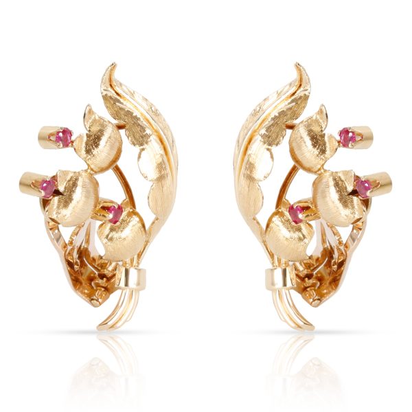 098040 sv Estate Tiffany Co Lily of the Valley Flower Ruby Earrings in 18K Yellow Gold