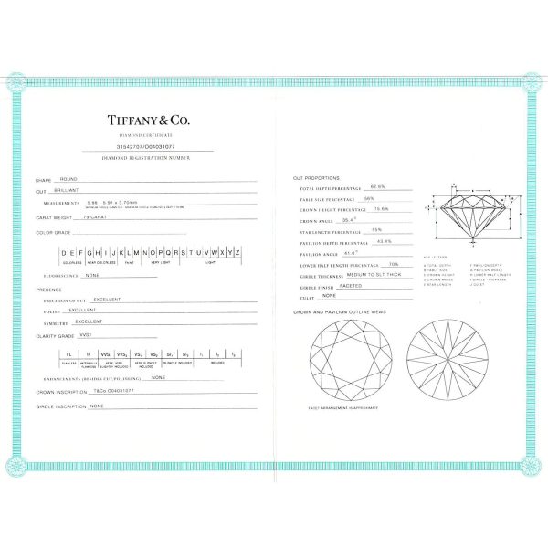 098304 stamp Tiffany Co Solitaire Diamond Engagement Ring in Platinum 079 CTW IVVS2