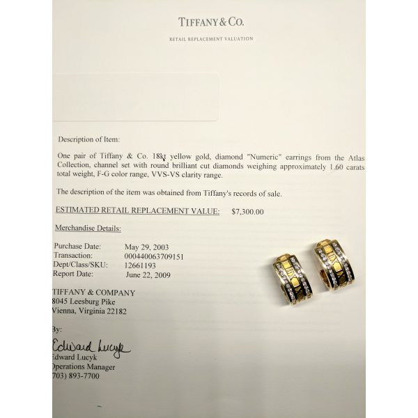 098352 stamp Tiffany Co Atlas Numeric Diamond Earrings in 18K Yellow Gold 16 CTW