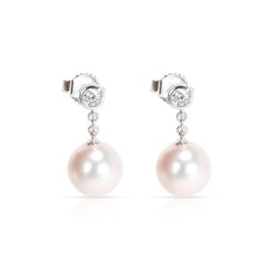 Mikimoto Classic 8mm Pearl Drop Diamond Earrings in 18KT White Gold 016 CTW Cart