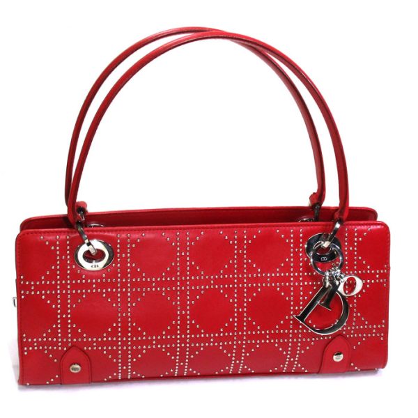 1 Christian Dior Cannage Studded Shoulder Bag Handbag Leather Red