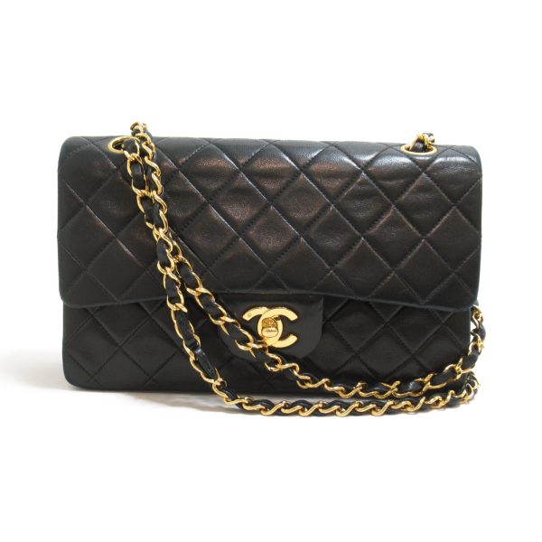 1 Chanel Matelasse W Flap Chain Shoulder Bag Lambskin Black