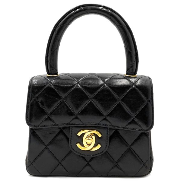 1 Chanel Matelasse Mini Bag Top Handle Child Bag Coco Mark Turnlock Bag Lambskin Black