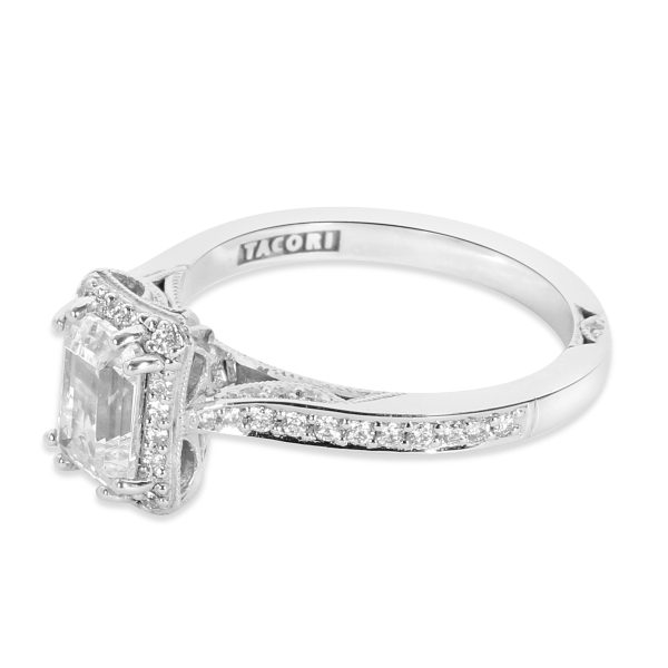 Semi Mount White Gold Tacori Diamond Emerald Cut Engagement Ring Setting in 18K White Gold 025 CTW