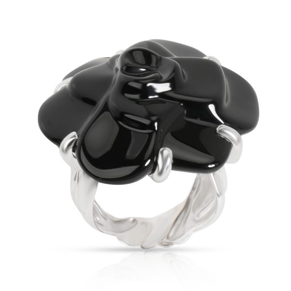 Fashion Ring White Gold Chanel Camelia Black Ceramic Flower Ring in 18K White Gold