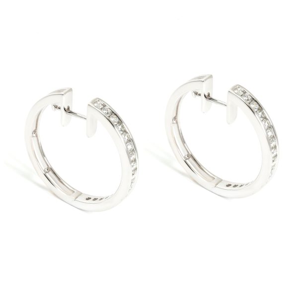 100908 sv Channel Set Round Cut Diamond Hoop Earring in 18K White Gold 129 CTW