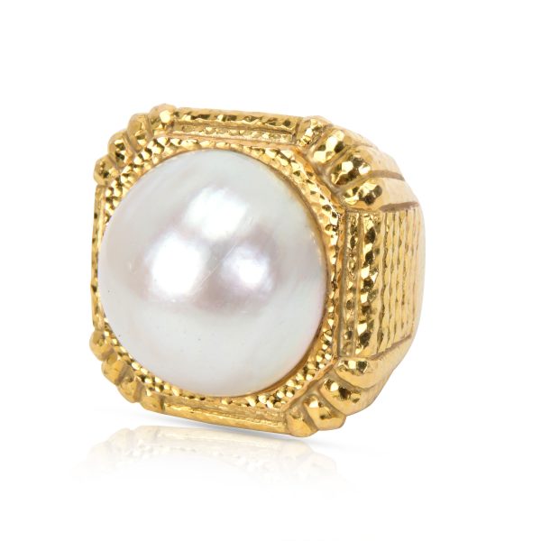 Rings David Webb Mabe Pearl Square Hammered Gold Ring in 18K Yellow Gold