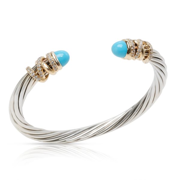 102636 pv David Yurman Diamond Turquoise Cable Bangle in 18K Gold Sterling Silver