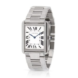 Cartier Tank Solo W5200014 Mens Watch in Stainless Steel 14k Gold Diamond Initial T Link Bracelet