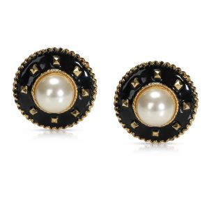 Chanel Vintage Black Enamel Cultured Mabe Pearl Clip on Earrings Cart