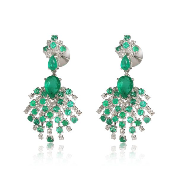 Diamond and Emerald Starburst Earrings in 18Kt White Gold 081 CTW Diamond and Emerald Starburst Earrings in 18Kt White Gold 081 CTW