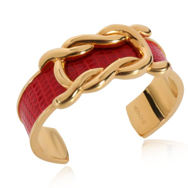 107341 pv Vintage Hermès Gold Plated Red Lizard Knot Cuff