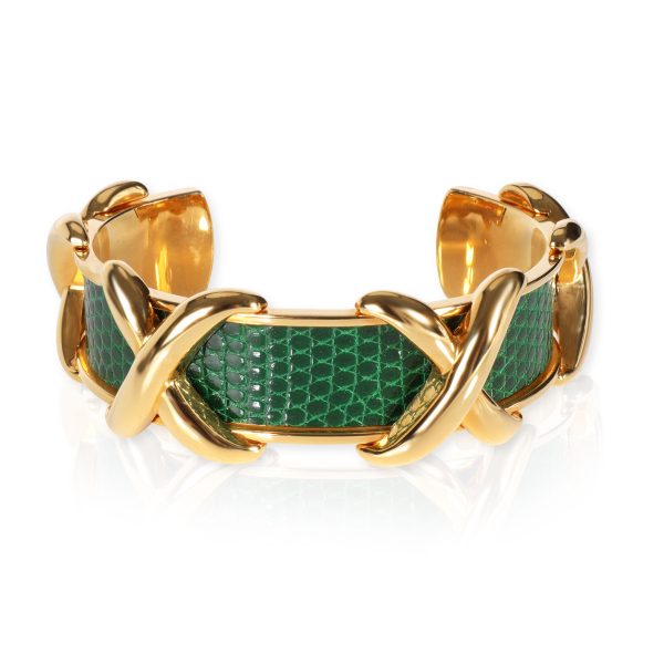 Vintage Hermès Gold Plated Green Lizard X Cuff Vintage Hermès Gold Plated Green Lizard X Cuff