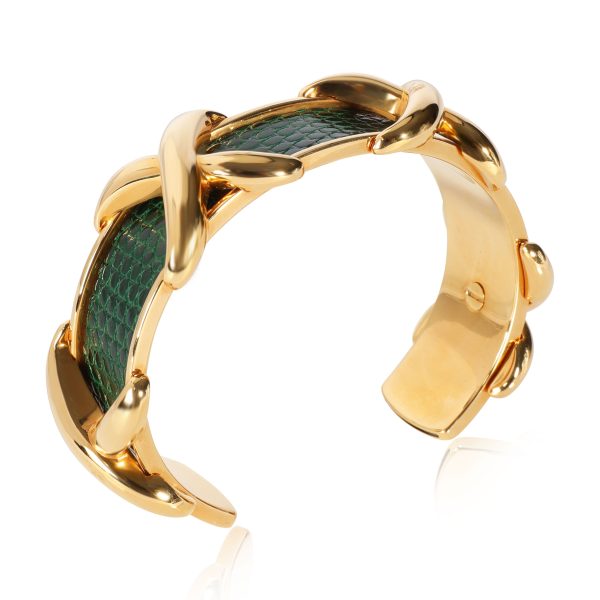 107342 pv Vintage Hermès Gold Plated Green Lizard X Cuff