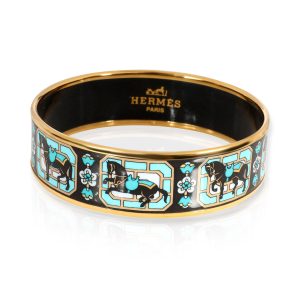 Hermès Hermes Teal Horse Motif Wide Enamel Bangle Gold Plated Cart