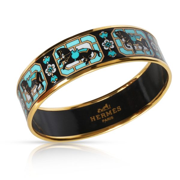 107344 pv Hermès Hermes Teal Horse Motif Wide Enamel Bangle Gold Plated