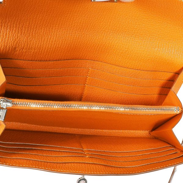 107815 av 2394b457 df7f 4fea 9015 143266acbea7 Hermès Orange Chévre Mysore Kelly Wallet with Palladium Hardware