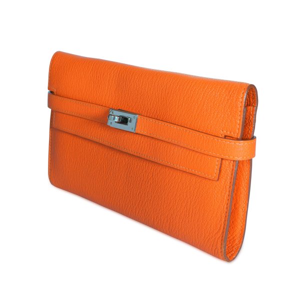 107815 sv 33248fe6 6ed6 42f7 9250 c716260f6b5a Hermès Orange Chévre Mysore Kelly Wallet with Palladium Hardware