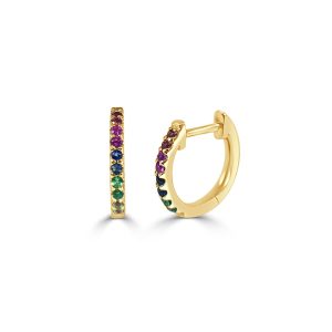 14k Yellow Gold Rainbow Sapphire Huggie Earrings Cartier Trinity Cord Necklace in 18K 3 Tone Gold