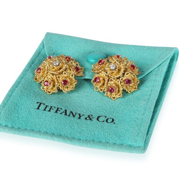 109943 box Tiffany Co Vintage Ruby Diamond Flower Earrings in 18K Yellow Gold 010 CTW