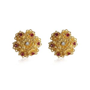 Tiffany Co Vintage Ruby Diamond Flower Earrings in 18K Yellow Gold 010 CTW Coach Necklace Silver