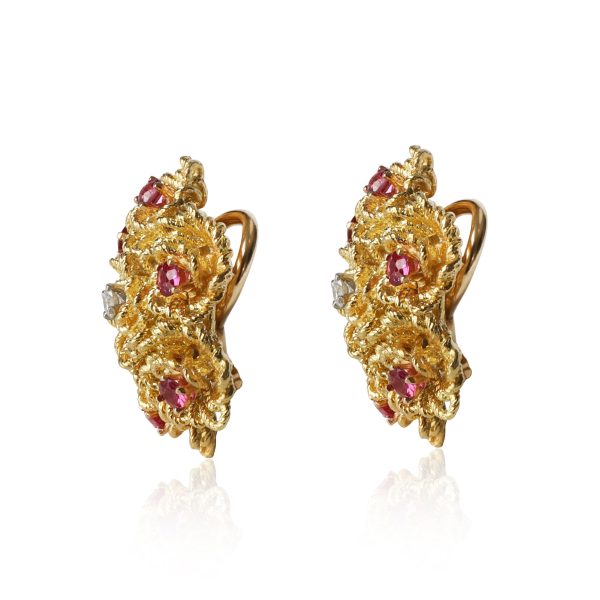 109943 sv Tiffany Co Vintage Ruby Diamond Flower Earrings in 18K Yellow Gold 010 CTW