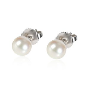 Tiffany Co Pearl Stud Earring in 18K White Gold 6mm Cart