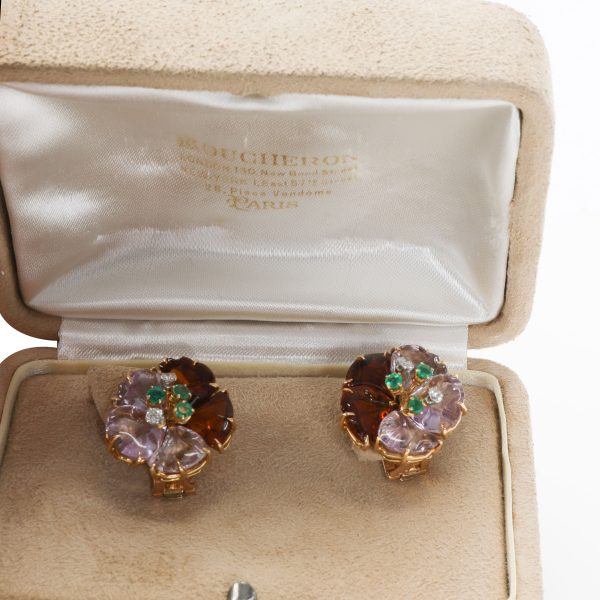 Amethyst Earrings in 18K Gold 032 CTW Boucheron Vintage Diamond Emerald Amethyst Earrings in 18K Gold 032 CTW